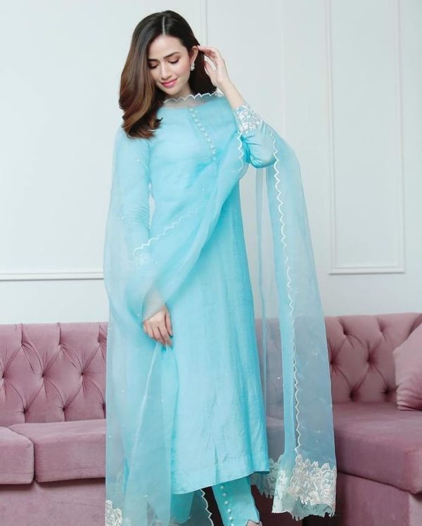 Auspicious Sky Blue Plain Pure Cotton Salwar Suits With Organza Silk Dupatta - PinkSaree