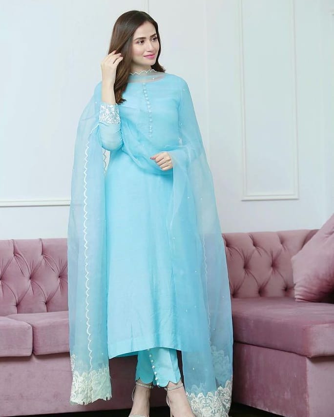 Auspicious Sky Blue Plain Pure Cotton Salwar Suits With Organza Silk