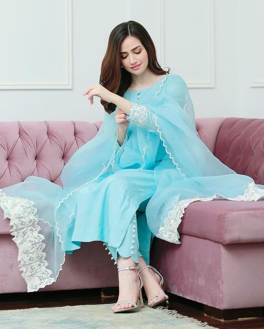 Auspicious Sky Blue Plain Rayon Cotton Salwar Suits With Organza Silk