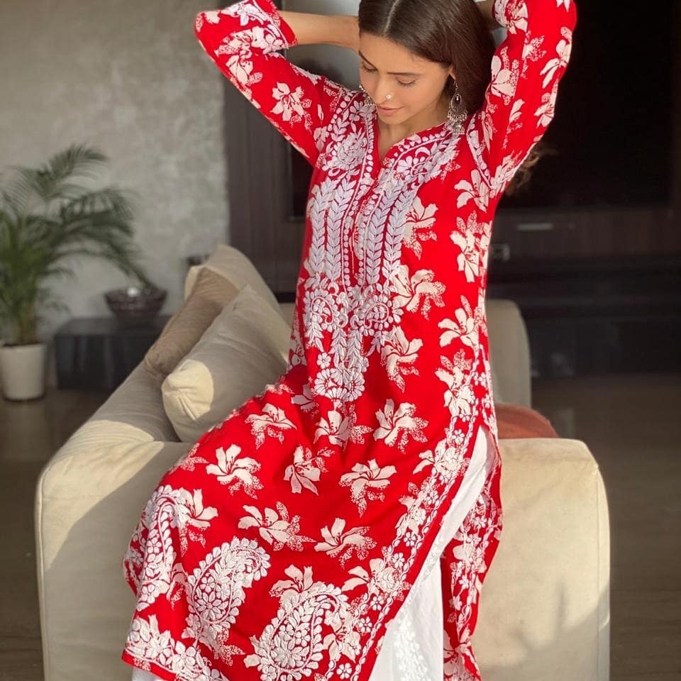 Candy Red Handcrafted Chikankari Pearl Suit – SAADGI