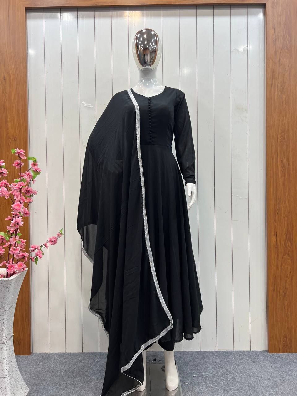 Black Faux Georgette Plain Gown With Dupatta - PinkSaree