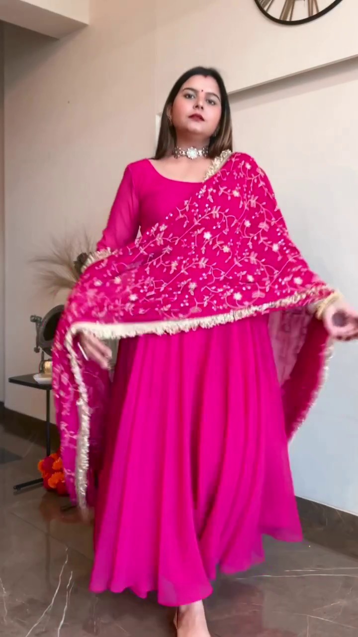 Rani Pink Faux Georgette Plain Gown With Dupatta