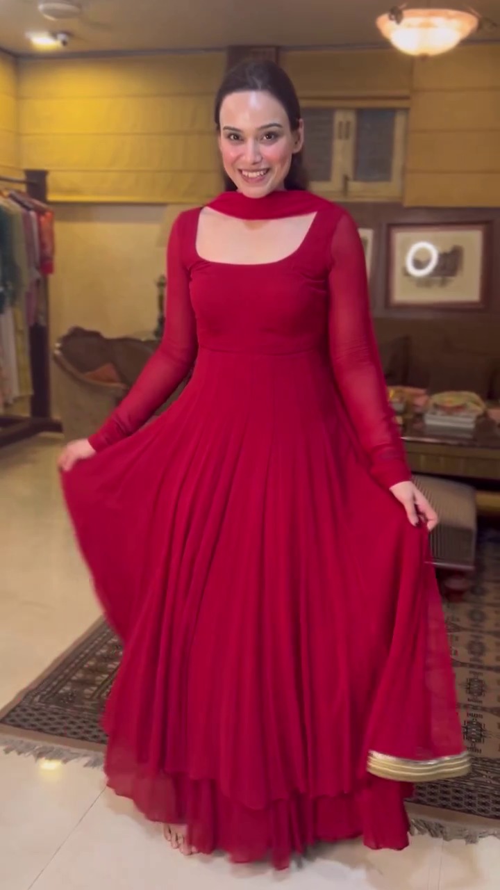 Red Pure Georgette Gown With Pants Design by Zeefaa at Pernia's Pop Up Shop  2024