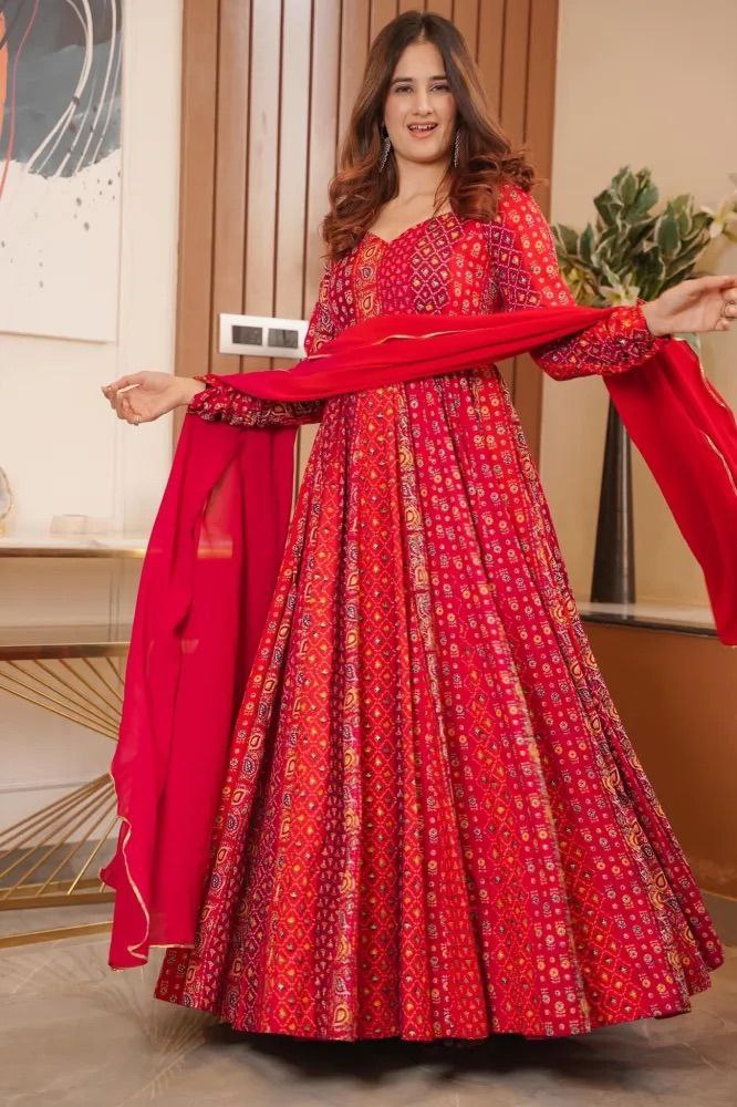 Designer Silk Block Printed Gown with Dupatta – Mina Designer Collection