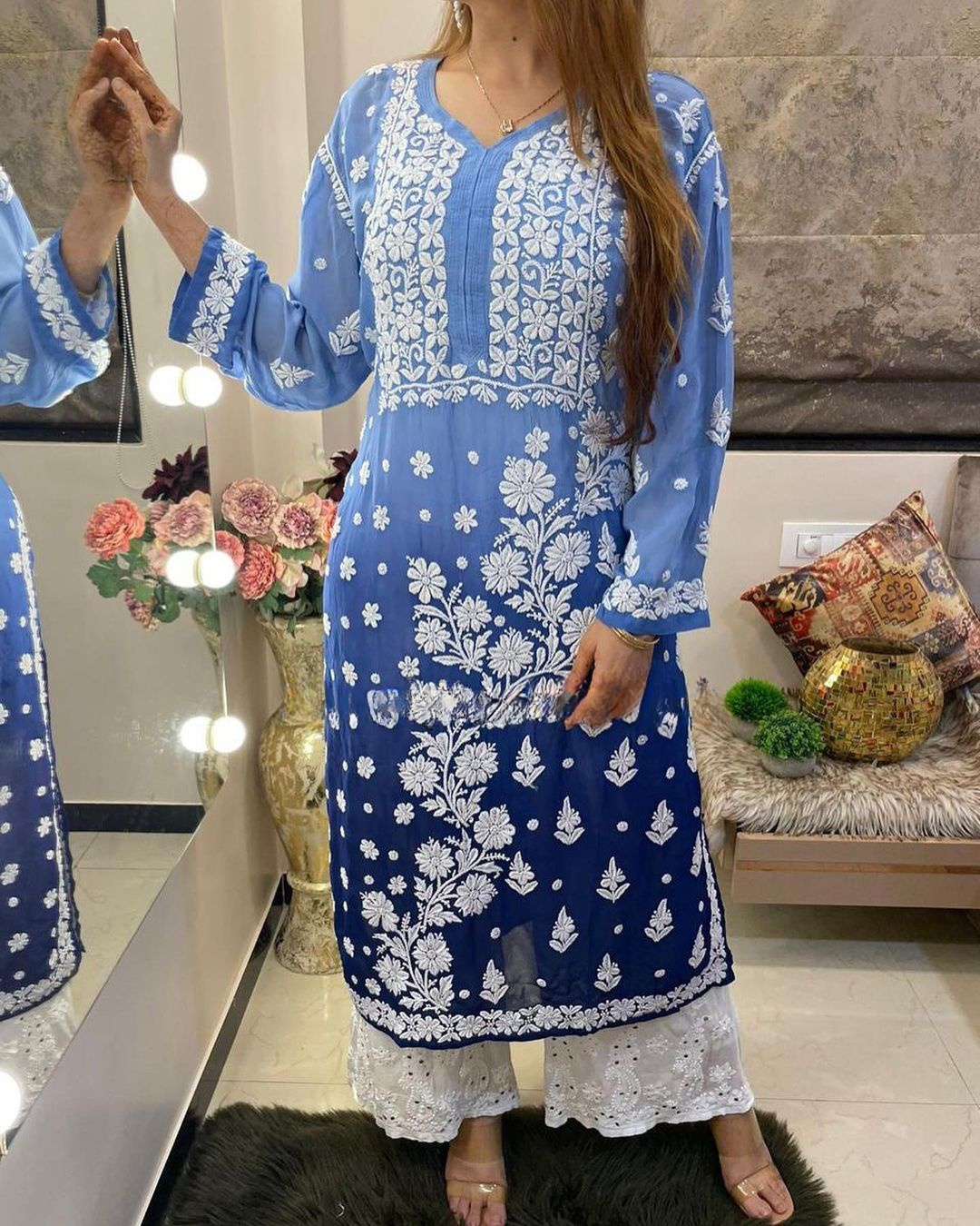 Sky Blue Readymade Chikankari Georgette Kurti