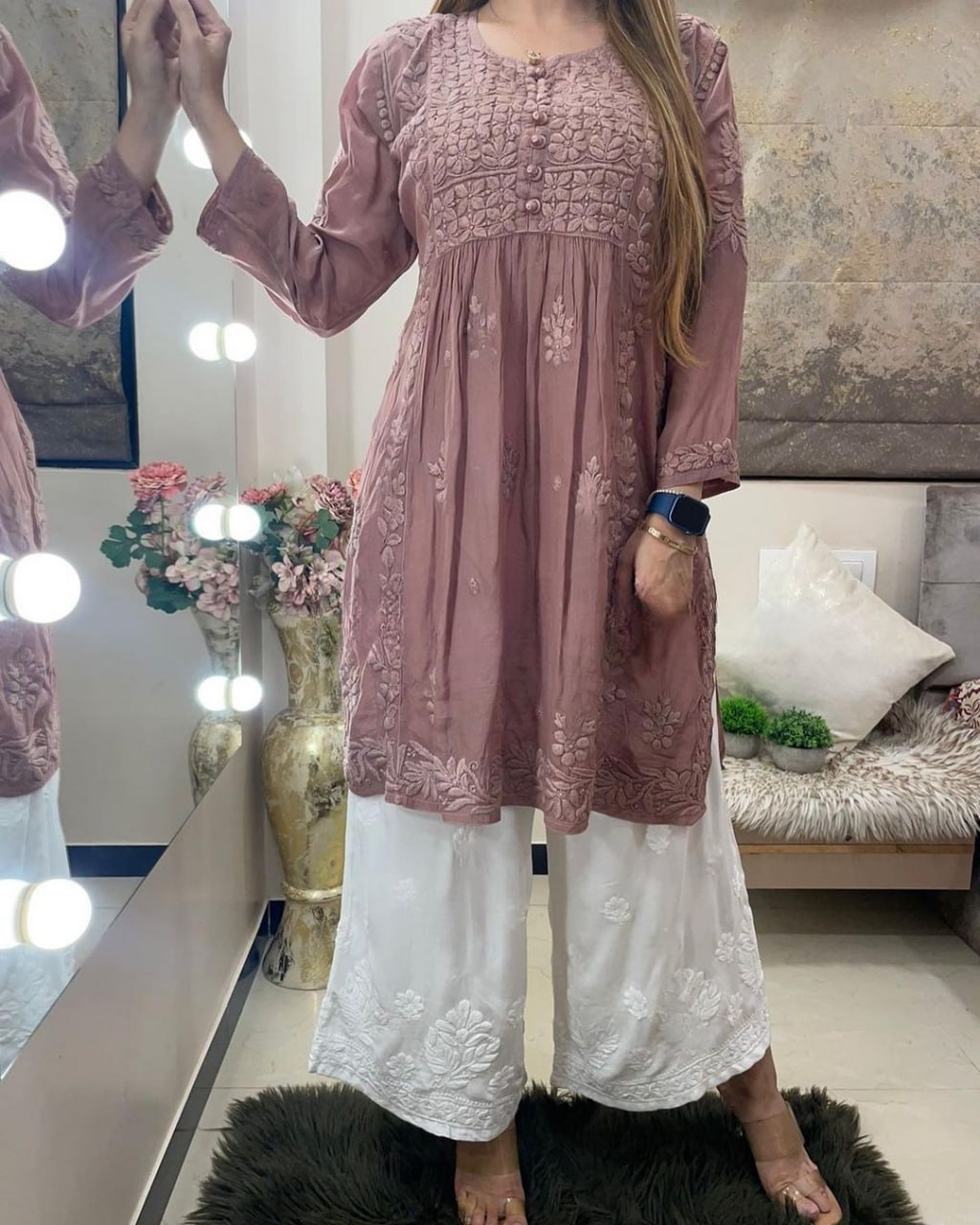 White Rayon cotton Chikankari Embroidery Work Kurti With Plazo main image 0
