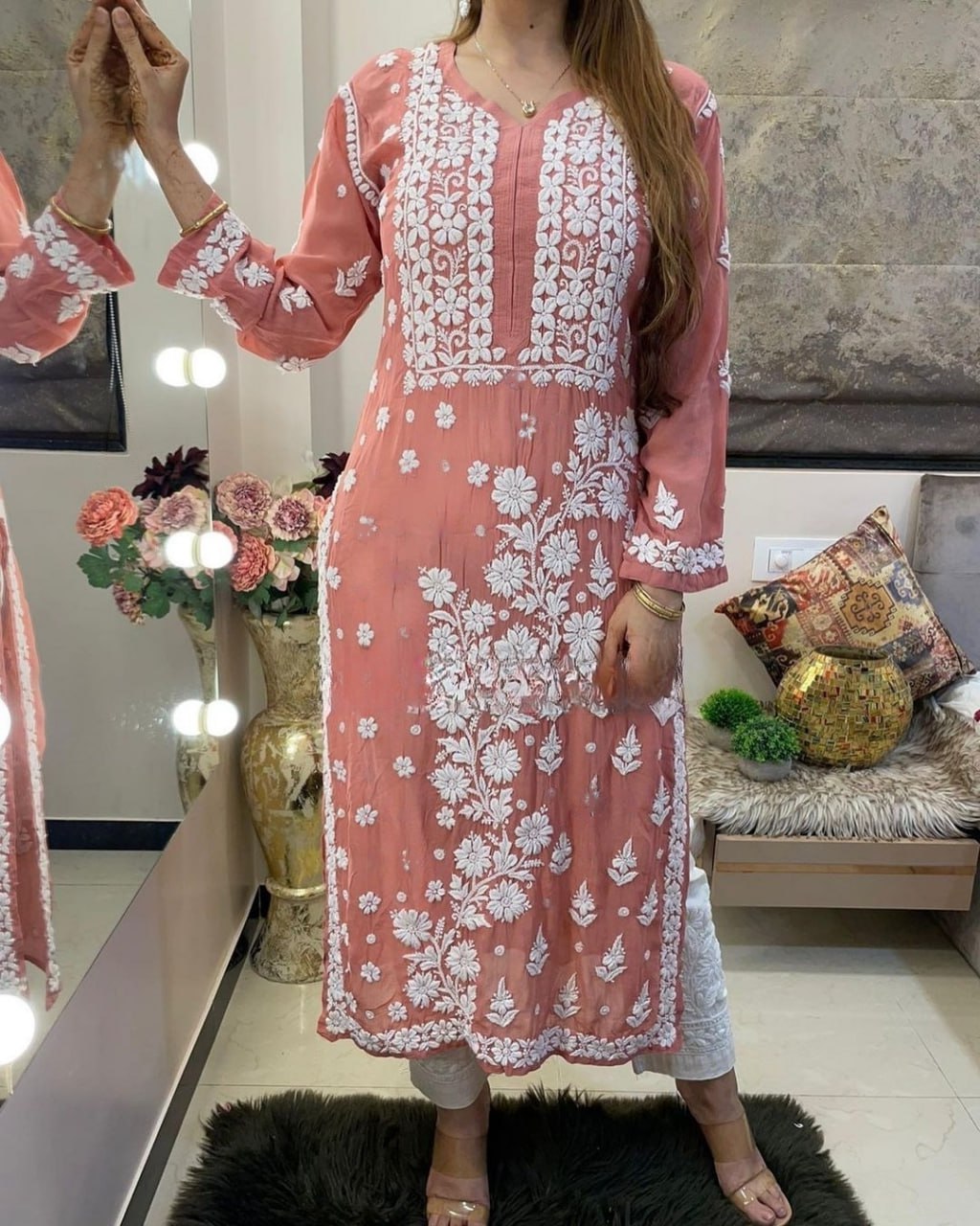 FASHION FOUNDER STRAIGHT SIDE SLIT PRINTED MIRROR WORK KURTI
