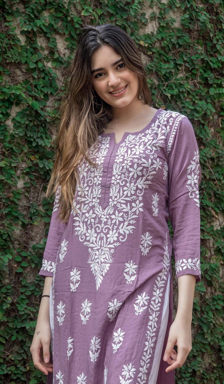 Purple Rayon Cotton Chikankari Kurta With Palazzo - PinkSaree