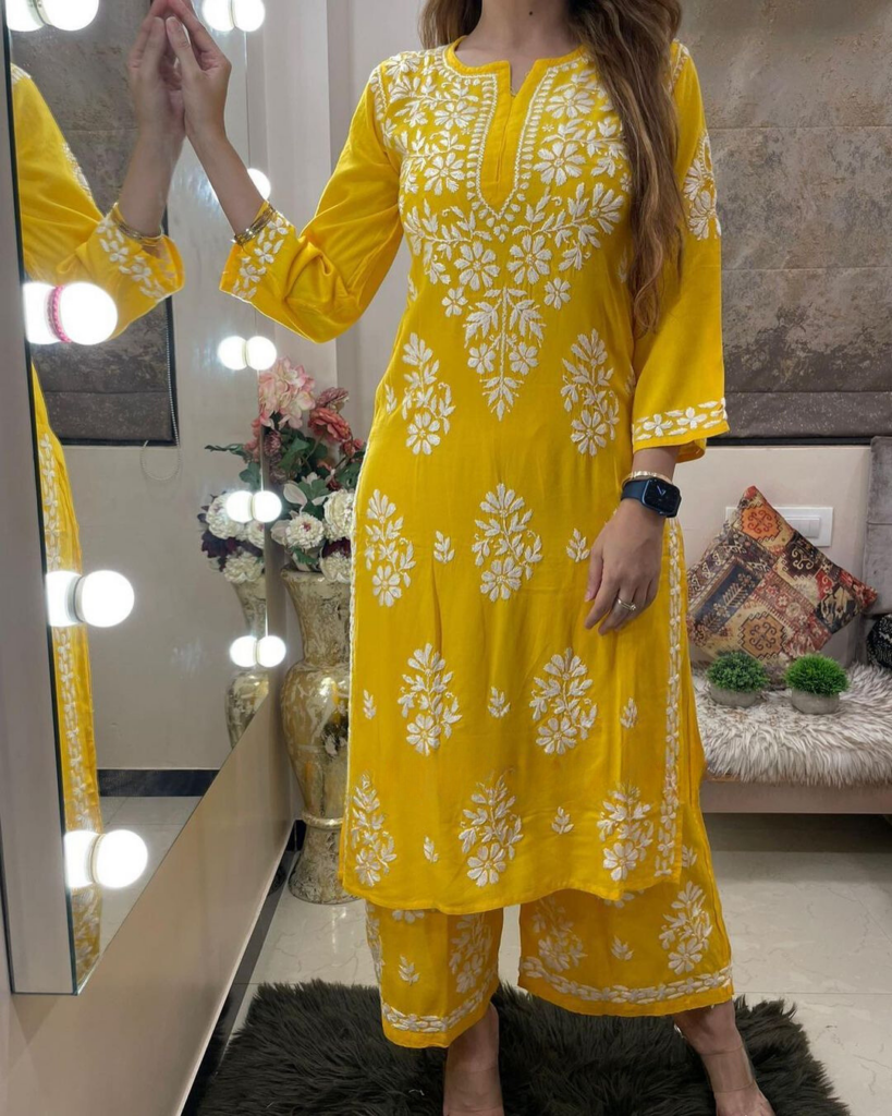 Rayon Summer Special Chikankari Kurta Pant Set