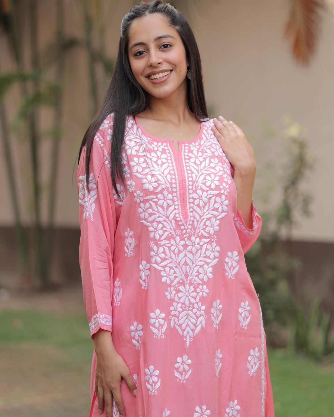Peach - Chikankari with Parsi Style Embroidery Cotton Unstitched Kurta Material 61