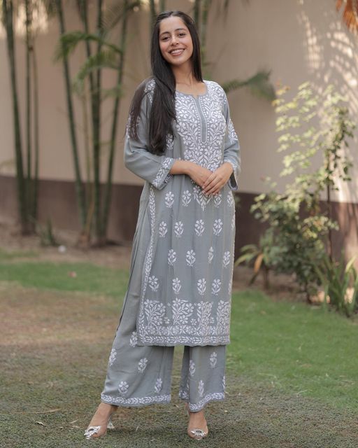 Grey Kurti with Multi-Colour Kashmiri Aari Embroidery | Angad Creations