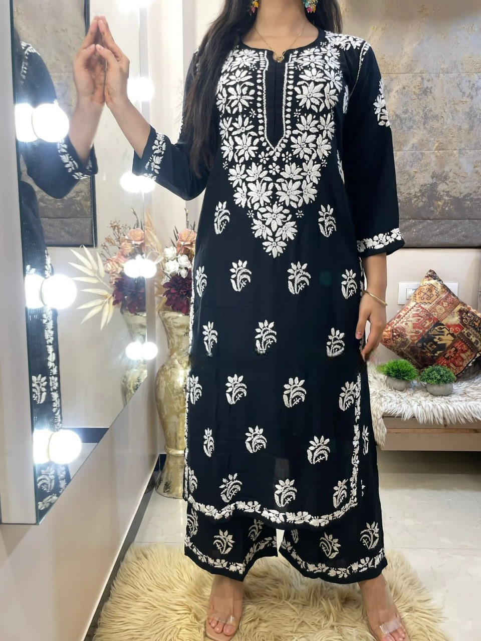 Kurtas & Kurtis : Black rayon chainstitch work kurti