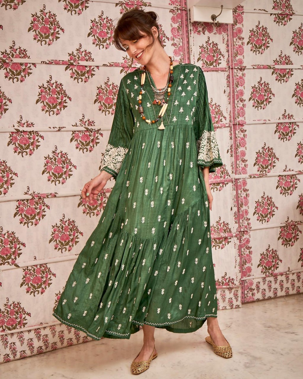 Women Cotton Maxi One Piece Dress Gown Green Chakri  fabcolors