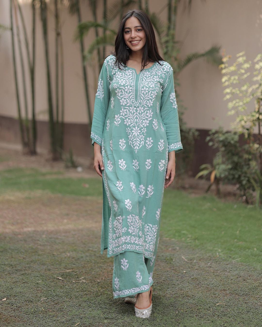 Light Pista Green - Srikalahasti Kalamkari Patchwork Plain Linen Cotton Long Straight Kurta
