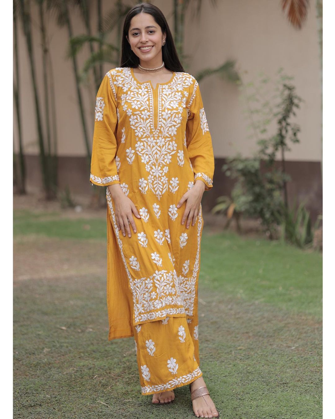 Yellow - Chikankari with Parsi Style Embroidery Cotton Unstitched Kurta Material 52