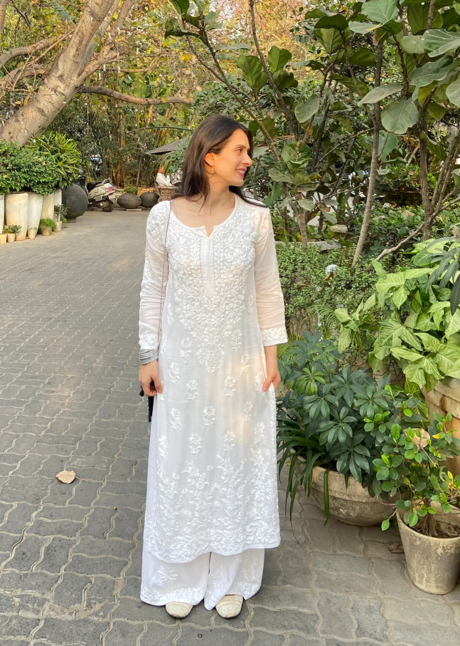 White Cambric Cotton Chikankari Kurta With Palazzo - PinkSaree