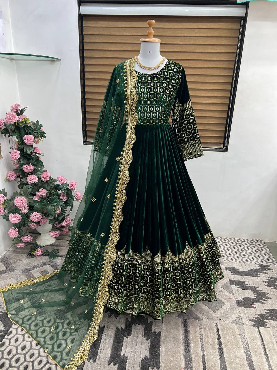 Green Color Heavy Georgette Gown With Embroidery Work Sleeves and Dupatta  in USA, UK, Malaysia, South Africa, Dubai, Singapore