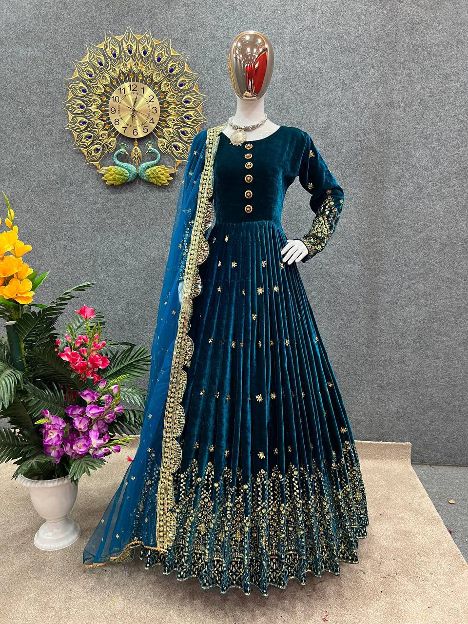 Buy Navy Blue Embroidery Work Georgette Gown With Dupatta Online