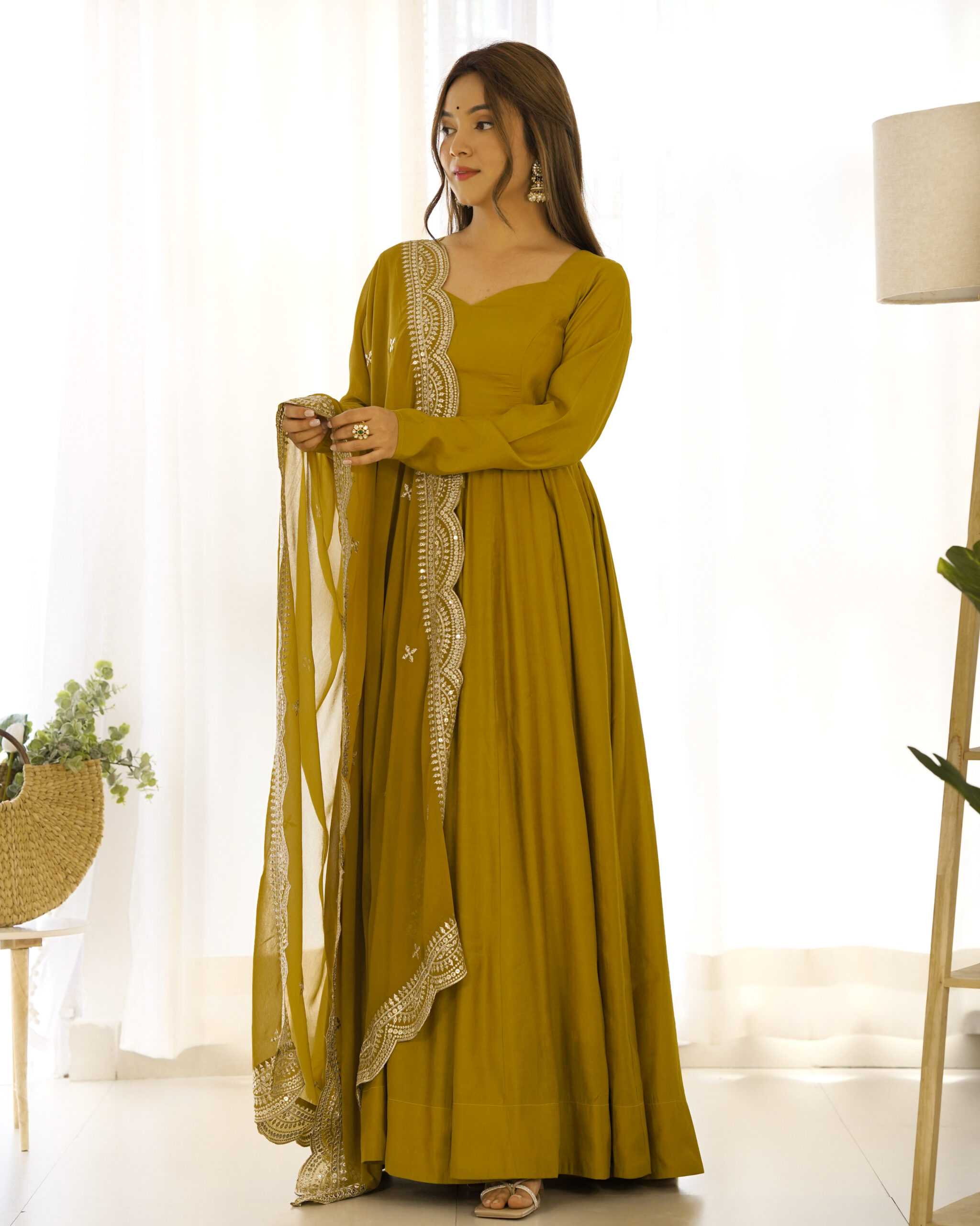 Mustard Yellow Pure Roman Silk Chanderi Gown With Dupatta PinkSaree